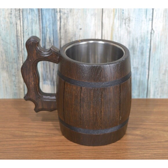 Rustic Wood Beer Mug Tankard Stein | Medieval Viking Style | **Has Crack** AS-IS - Picture 7 of 11